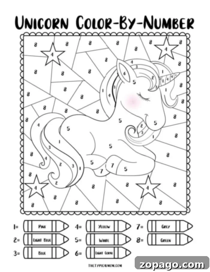 Enchanted Unicorn Number Art 5 Finished unicorn color by number artwork displayed in a frame