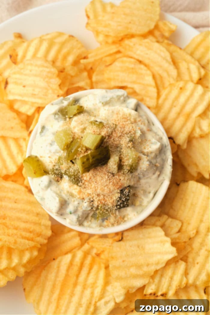 Dill-icious Fried Pickle Ranch Dip 6 A generous scoop of pickle dip, showing its creamy texture and visible pickle pieces.