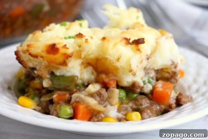Easy Shepherd's Pie with Instant Mash 8 Close-up of easy Shepherd's Pie with frozen vegetables, highlighting the tender vegetables in the savory meat base.