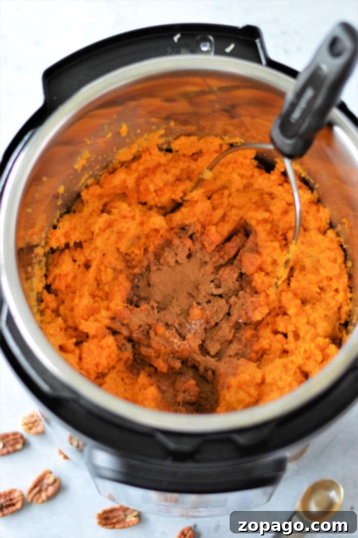 Velvety Instant Pot Sweet Potato Mash 7 Creamy Mashed Sweet Potatoes cooked in a pressure cooker, served in a bowl.