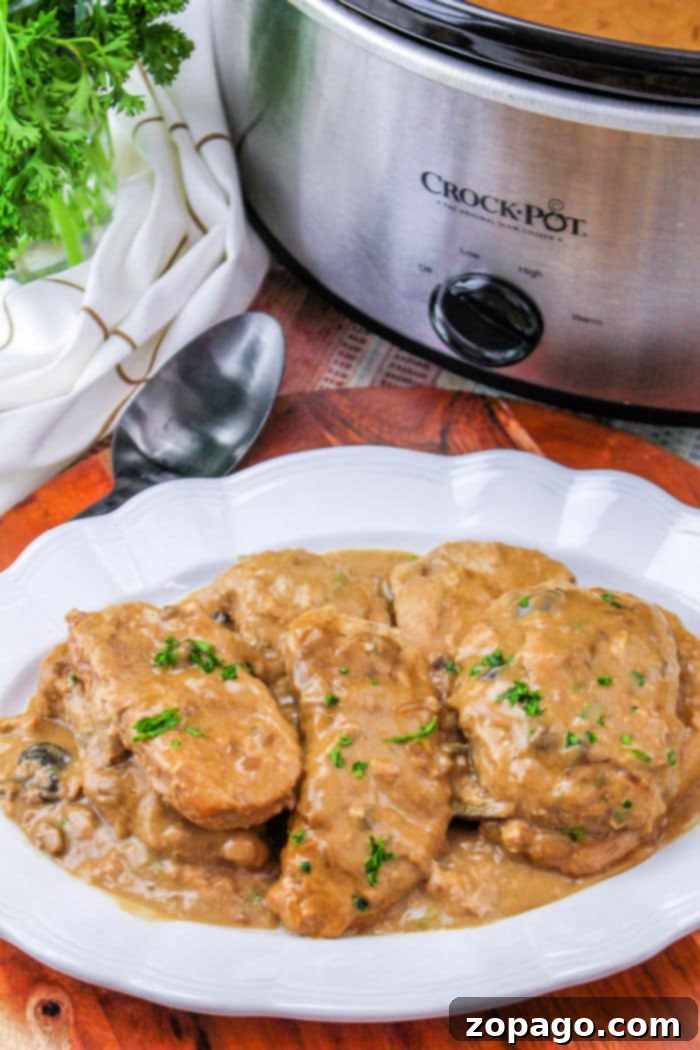 Succulent Slow Cooker Pork Chops with Velvety Gravy 8 Two plates of Slow Cooker Pork Chops and Gravy