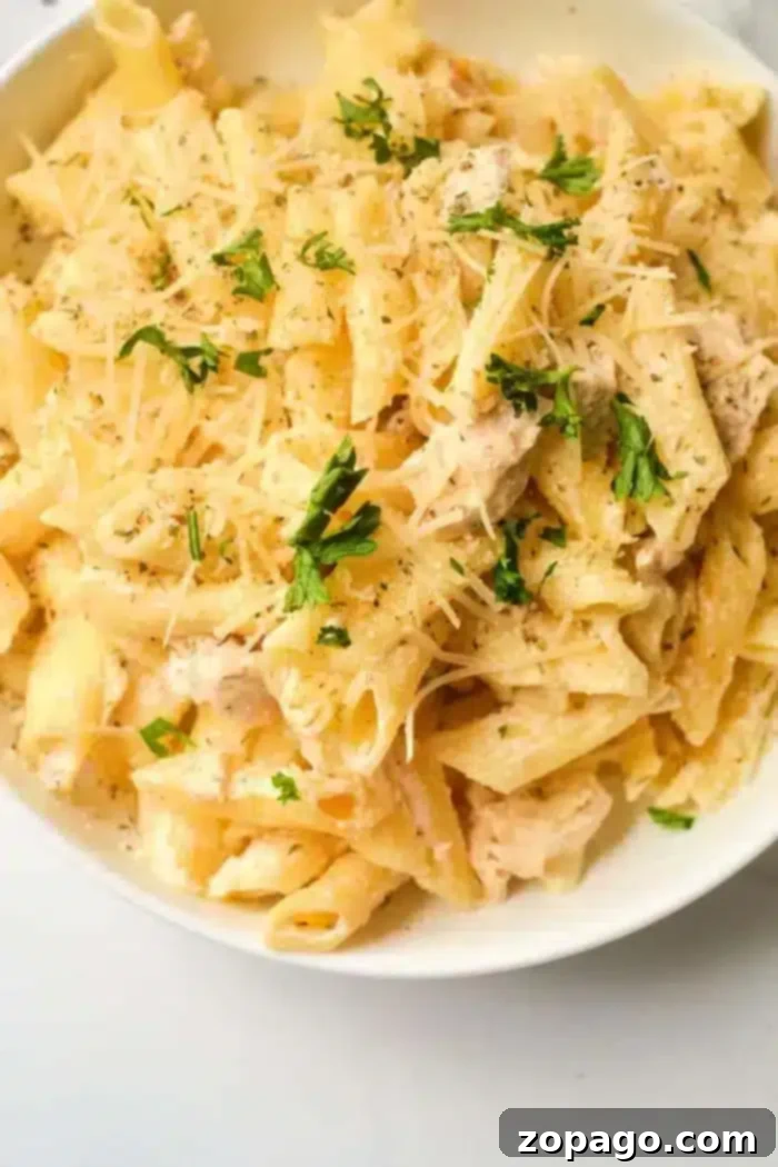 Easy Instant Pot Frozen Chicken Noodles 2 A bowl of creamy pasta topped with grated cheese and garnished with chopped herbs. The penne, mixed with a luxurious sauce, offers the comfort of homemade flavors, reminiscent of an Instant Pot creation.