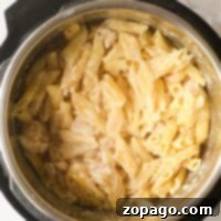 Easy Instant Pot Frozen Chicken and Noodles 6 Creamy penne pasta in a pot, with tender frozen chicken simmered to perfection, freshly cooked and ready to serve.