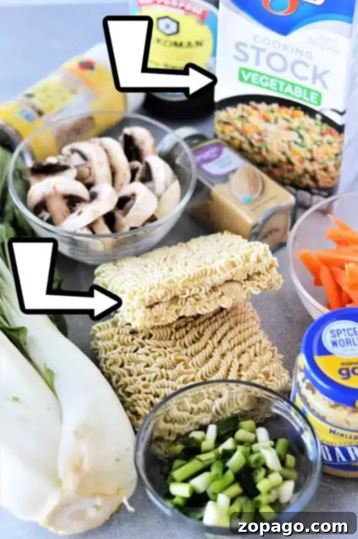 Perfect Instant Pot Ramen 4 An array of fresh cooking ingredients meticulously arranged on a countertop, poised for crafting a delectable Instant Pot Vegetable Ramen. The spread includes a bowl of sliced mushrooms, rich vegetable stock, dry ramen noodle blocks, vibrant bok choy, chopped green onions, julienned carrots, savory soy sauce, aromatic ginger, and minced garlic. Two visual arrows highlight the mushrooms and the dry ramen noodles, drawing attention to key components.