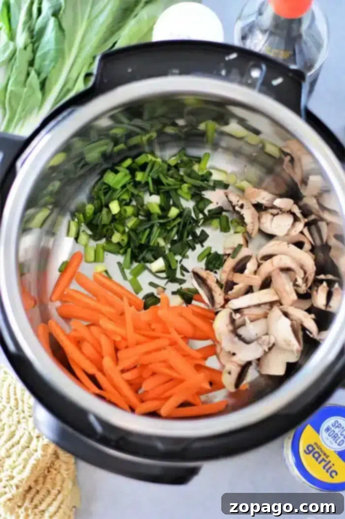 Perfect Instant Pot Ramen 8 An overhead shot showcasing an open Instant Pot filled with vibrant Vegetable Ramen, featuring beautifully sliced carrots, freshly chopped green onions, and tender mushrooms, all ready to be cooked. Surrounding the pot on a sleek countertop are essential aromatic ingredients like garlic, soy sauce, and leafy greens.