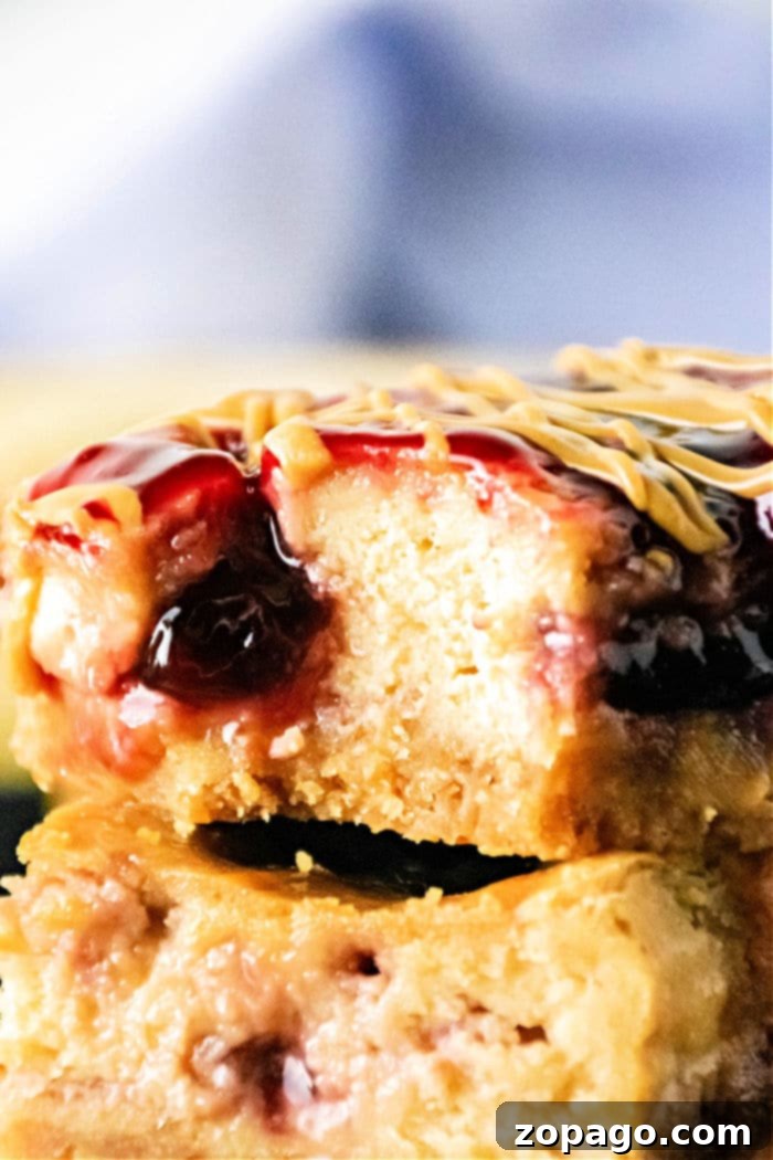 Sweet and Salty Peanut Butter and Jelly Bars 6 Perfectly sliced Peanut Butter and Jelly cheesecake bars, showcasing the distinct layers, ready to be served on a platter.