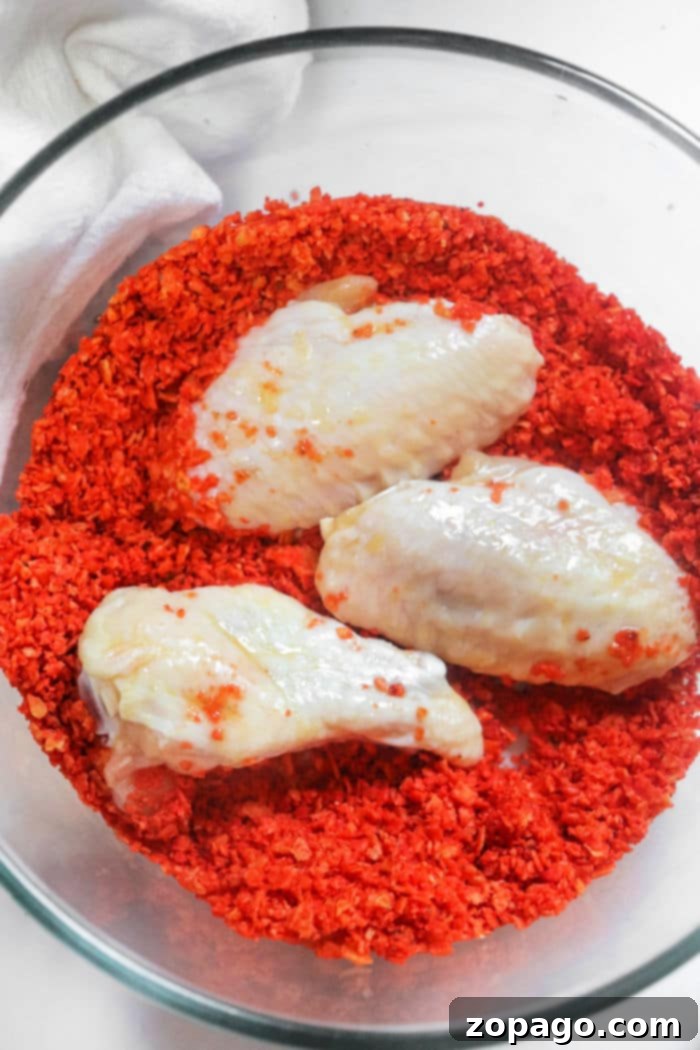 Crispy Doritos Chicken Wings 6 Three uncooked chicken wings covered in crushed Doritos, showcasing the vibrant coating before cooking.