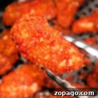 Tongs hold a piece of breaded and fried chicken, seasoned to perfection with Doritos Ranch Dipped Hot Wings spices, surrounded by more tantalizing pieces in the background.