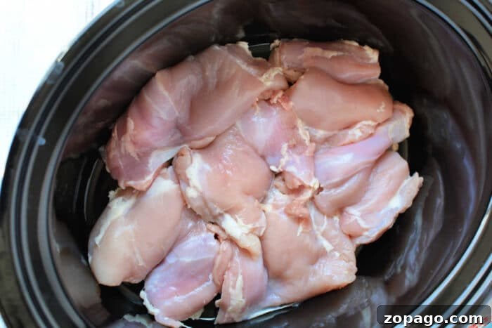 Slow-Cooker Chicken Pot Pie: Creamy One-Pot Dinner Recipe 4 Raw chicken breasts arranged inside a black Crockpot, ready to be cooked into a comforting Crockpot Chicken Pot Pie.