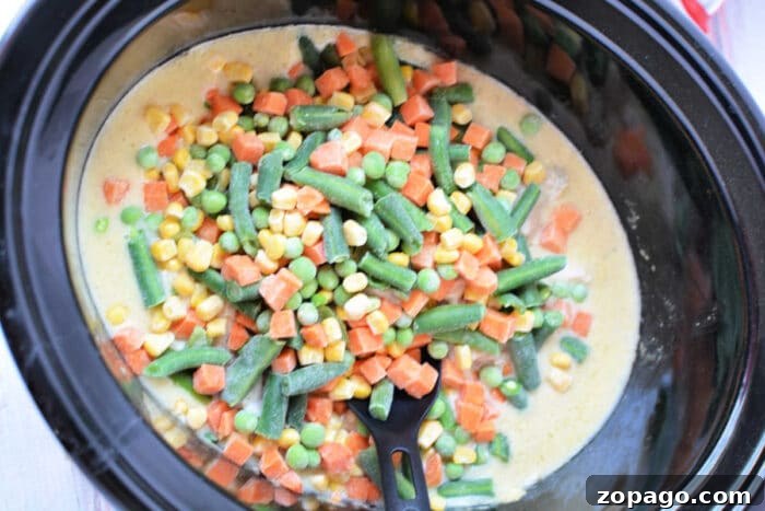 Slow-Cooker Chicken Pot Pie: Creamy One-Pot Dinner Recipe 5 Crockpot Chicken Pot Pie filling with creamy sauce, mixed vegetables, and a black serving spoon.