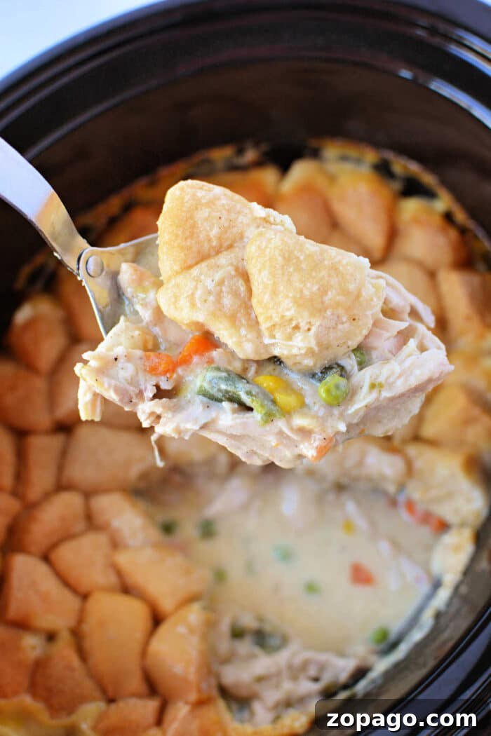 Slow-Cooker Chicken Pot Pie: Creamy One-Pot Dinner Recipe 7 A spoon lifts creamy chicken and vegetables with biscuit topping from a slow cooker, capturing all the comforting flavors of Chicken Pot Pie in one delicious scoop.