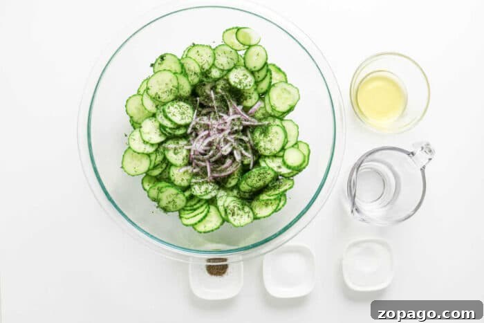 Cucumber and Dill Salad with Creamy Yogurt Dressing 4 Glass bowl with sliced cucumbers, onions, and fresh dill, creating a crisp cucumber salad, surrounded by vinegar, water, salt, sugar, and pepper.