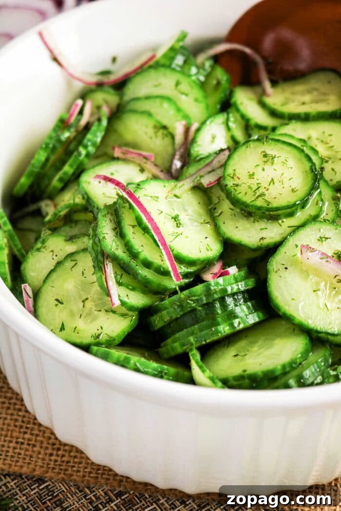 Cucumber and Dill Salad with Creamy Yogurt Dressing 6 Fresh cucumber salad with red onion and dill served in a white bowl.