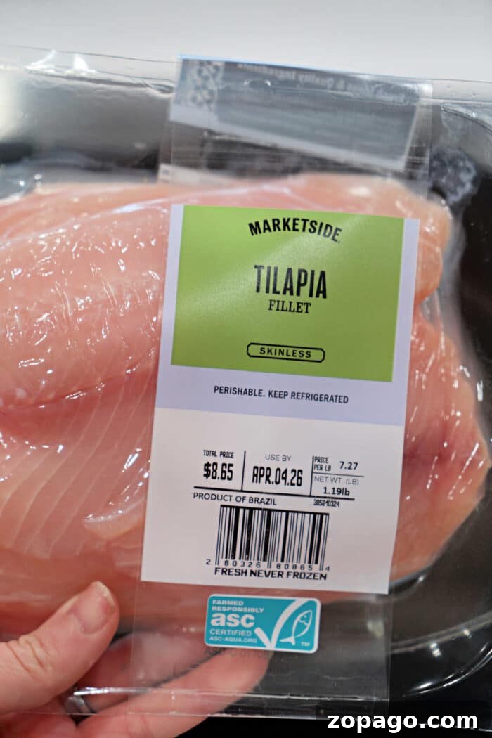 Crispy Fried Tilapia with Lemon and Herbs 3 Packaged Marketside skinless tilapia fillets with a label showing price, weight, and expiration date—perfect for your next fried tilapia or favorite tilapia recipe.