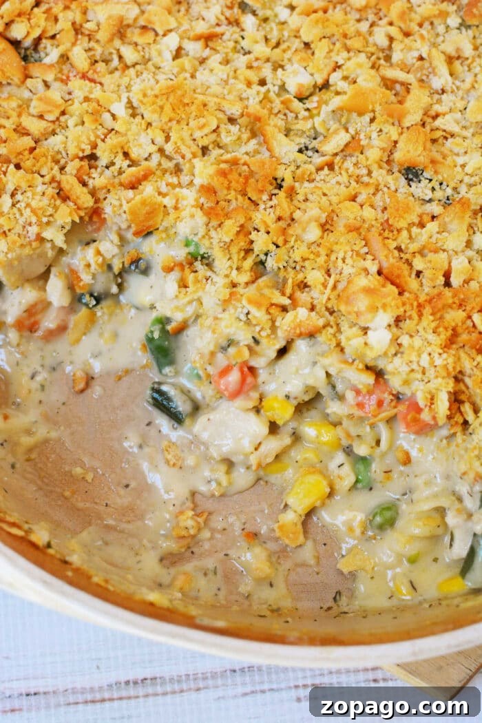 Cheesy Ritz Chicken Casserole with Crunchy Cracker Topping 6 Creamy vegetable casserole with a golden Ritz cracker crumb topping, partially served to reveal the rich filling—similar in comfort to a classic Ritz Chicken Casserole.