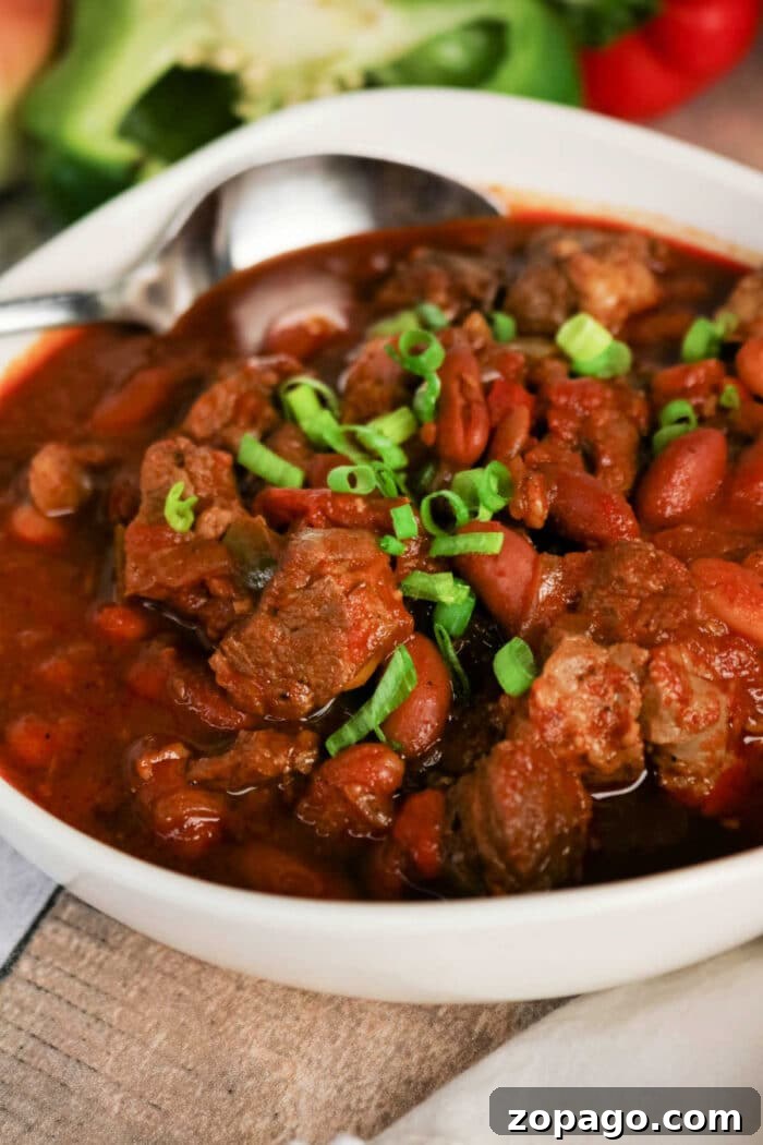 Slow-Simmered Chuck Roast Chili Recipe 2 Bowl of hearty Chuck Roast Chili with beef, beans, and chopped green onions, with a spoon resting in the bowl.