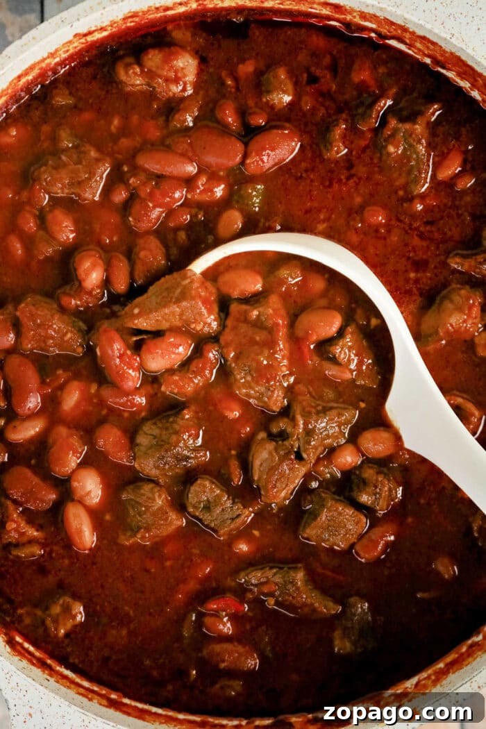 Slow-Simmered Chuck Roast Chili Recipe 7 A white ladle scoops rich Chuck Roast Chili, brimming with beef and beans, from a pot filled with thick, red, hearty stew.